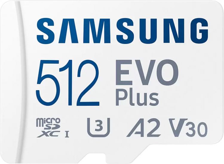 

Карта памяти MicroSDXC 512GB Samsung MB-MC512KA/RU EVO PLUS, U3, V30, A2, UHS-I, Class 10, 130MB/s + adapter, MB-MC512KA/RU