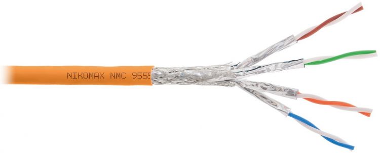 

Кабель витая пара S/FTP 6a кат. 4 пары NIKOMAX NMC 9555C-OR 23AWG(0.58 мм), медь, одножильный (solid), внутренний, полимерный материал, нг(A)-HF, оран, NMC 9555C-OR