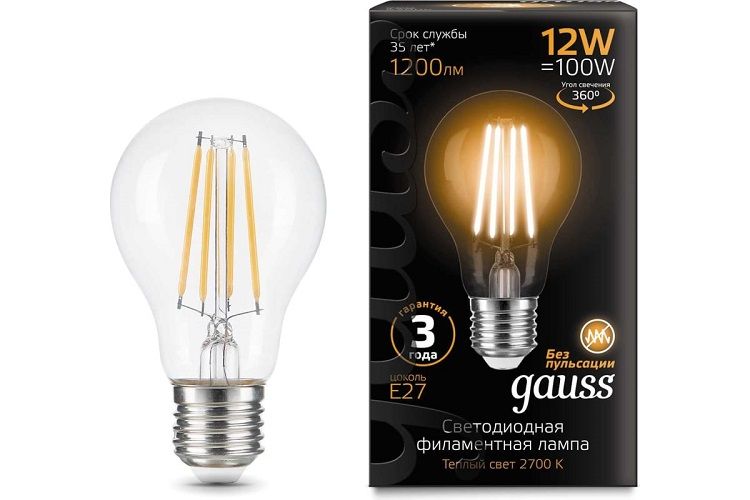 

Лампа светодиодная Gauss 102902112 Filament 12Вт цок.:E27 груша 185B 2700K св.свеч.бел.теп. грушевидная (1шт), 102902112