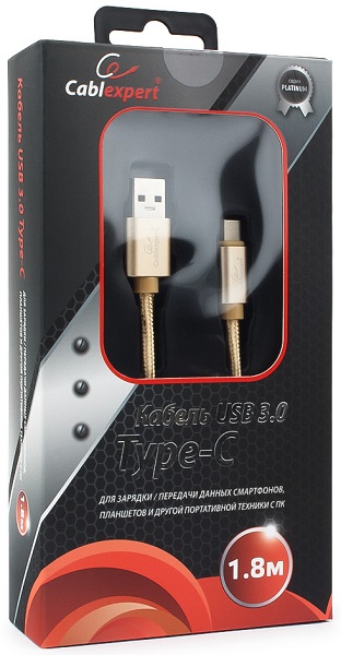 

Кабель интерфейсный USB 3.0 Cablexpert CC-P-USBC03Gd-1.8M AM/Type-C, серия Platinum, длина 1.8м, золотой, блистер, CC-P-USBC03Gd-1.8M