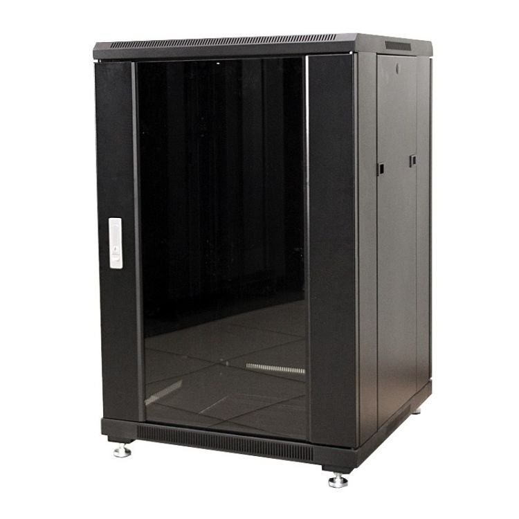 Шкаф напольный 19, 27U MDX MDX-R-27U60-100-GS-BK 600x1000, передняя дверь со стеклом, задняя сплошная металл, ножки, черный