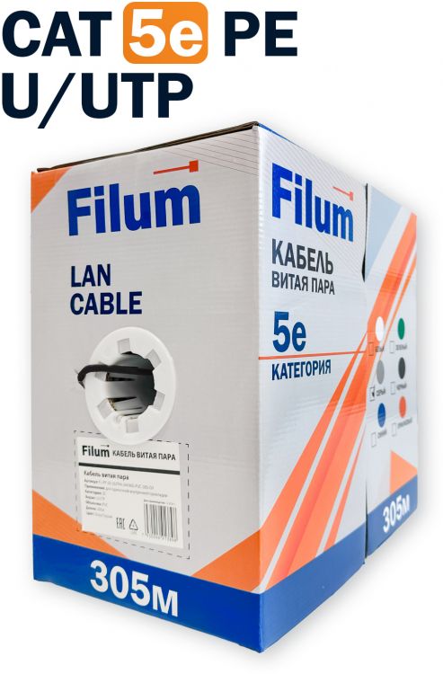 

Кабель витая пара U/UTP 5e кат. 4 пары Filum FL-PF-5E-UUTP4-24AWG-PE-305-BK 24AWG (0.50 мм), чистая медь, коробка 305м, внешний PE, черный, FL-PF-5E-UUTP4-24AWG-PE-305-BK