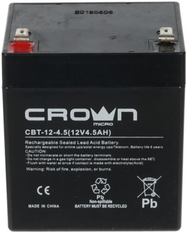 Аккумулятор Crown CBT-12-4.5 CM000001737 свинцово-кислотный, 12В, 4.5 А/Ч, ABS-пластик, F2 (Т2), срок службы 6 лет