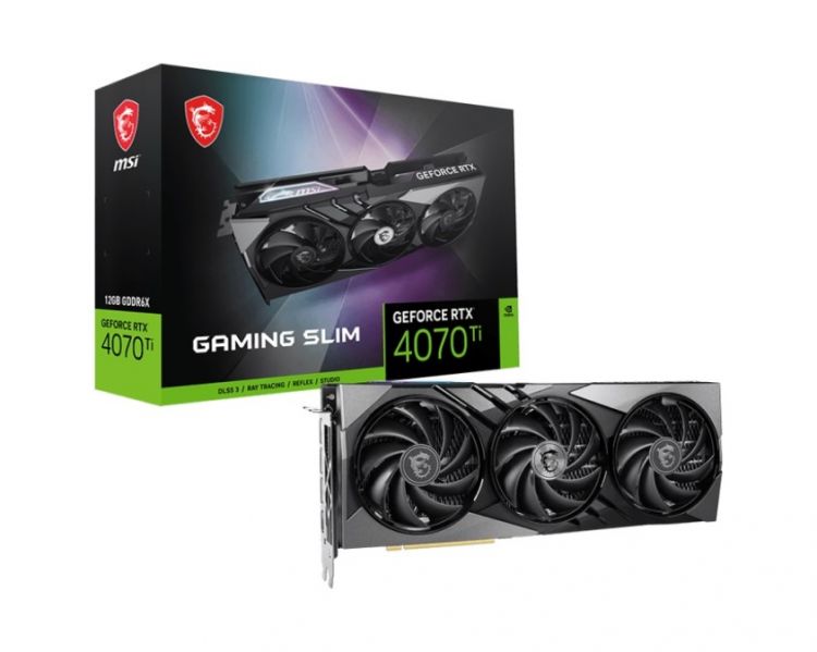 

Видеокарта PCI-E MSI GeForce RTX 4070 Ti (RTX 4070 Ti GAMING SLIM 12G) 12GB GDDR6X 192bit 4nm 2730/21000MHz HDMI/3*DP RTL, GeForce RTX 4070 Ti (RTX 4070 Ti GAMING SLIM 12G)