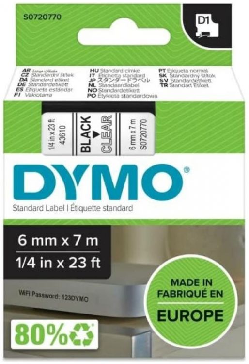 Картридж Dymo S0720770 с лентой 6мм х 7м, пластик, черный шрифт/прозрачная лента