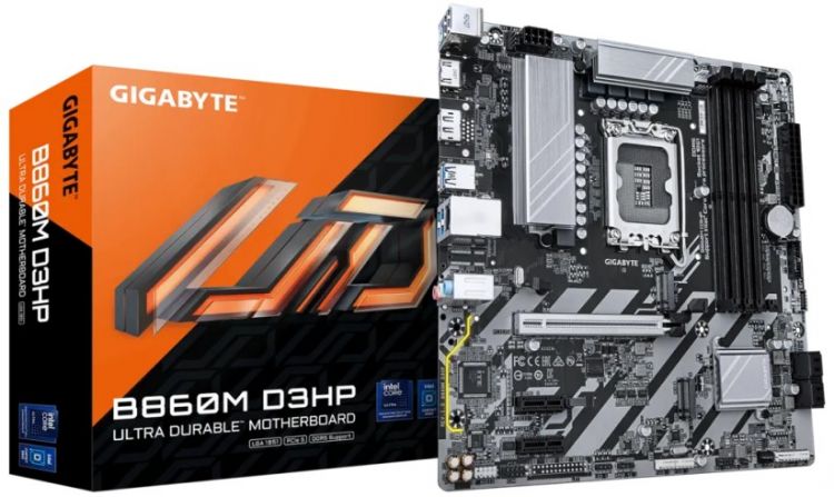 

Материнская плата mATX GIGABYTE B860M D3HP (LGA1851, B860, 4*DDR5 (9066), PCIe, 2*M.2, 4*SATA 6G RAID, 3*USB 3.2, 3*USB 2.0, HDMI, DP), B860M D3HP