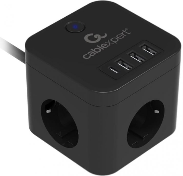 Сетевой фильтр Cablexpert CUBE-3-CU3-B-1.5 Cube, 3р, 10А, 1xType-C PD, 3xUSB, 1.5м, ур.защиты 4+, черный, короб