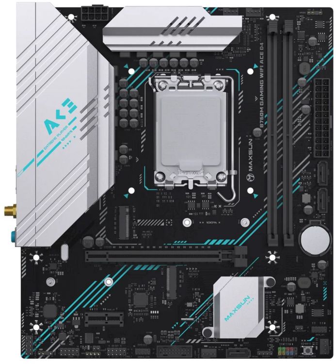 Материнская плата mATX MAXSUN MS-B760M GAMING WIFI ACE D4 (LGA1700, B760, 2*DDR4 (3200), 3*SATA, 2*M.2, 2*PCIe, WiFi, BT, HDMI, DP, 6*USB 3.2, 4*USB 2