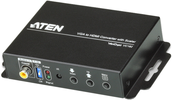 Конвертер Aten VC182-AT-G VGA+AUDIO>HDMI, HD-DB15+MIM-JACK>HDMI, Female, БП 5V, (1920x1200, 1080p, Analog + Digital stereo audio input) protable 3 5mm jack coaxial optical fiber digital to analog audio aux rca l r converter spdif digital audio decoder amplifier