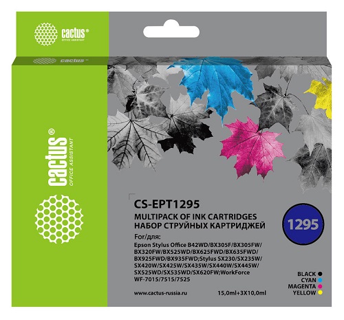 

Картридж Cactus CS-EPT1295 черный/голубой/желтый/пурпурный (45мл) для Epson B42/BX305/BX305F/BX320/BX525/BX625, CS-EPT1295