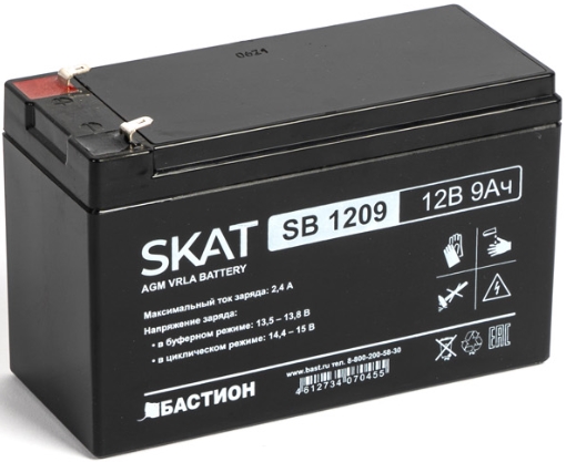 

Аккумулятор Бастион SKAT SB 1209 свинцово-кислотный тип AGM 12V 9Ач Iзар. 2,7 А, ножевые клеммы, SKAT SB 1209