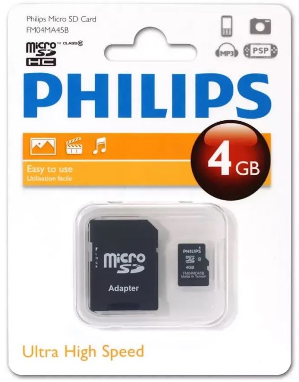 

Карта памяти MicroSDHC 4GB Philips FM04MA45B/97 Class 10 (SD адаптер), FM04MA45B/97