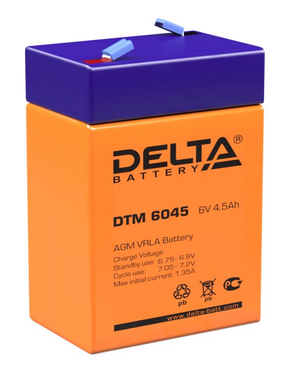 Батарея Delta DTM 6045 6В, 4,5Ач, 70мм/47мм/107мм