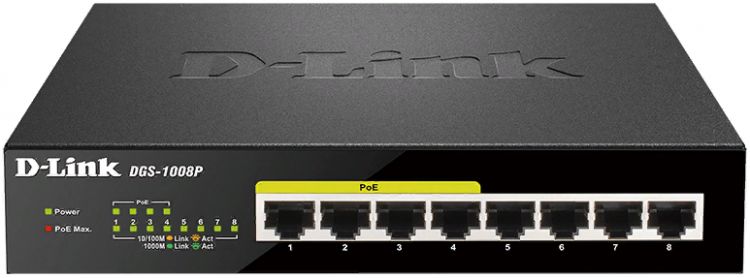 

Коммутатор PoE D-link DGS-1008P 8x1000Base-T (4xPoE 802.3af/at, PoE-бюджет 80 Вт), DGS-1008P