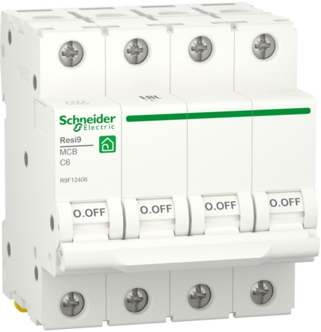 

Автоматический выключатель Schneider Electric RESI9 Resi9 - 4P, тип хар-ки C, 6 А, 400 В AC, 6кА, RESI9