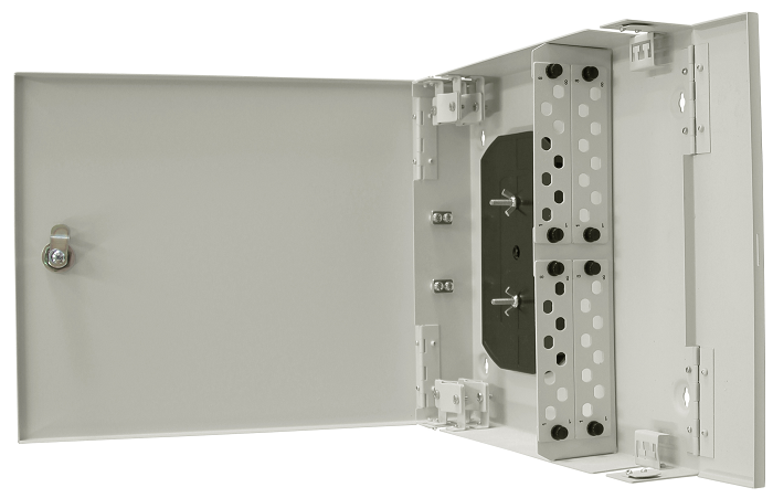 Кросс оптический настенный с дверцей, с замком TELCORD КН-32 32-LC/MM-d-64-LC/UPC-MM62,5-2-КУ-GY 350х330х75 мм, 32 адаптера LC/MM, 64 пигтейла LC/UPC