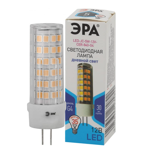

Лампа светодиодная ЭРА Б0056750 STD LED JC-5W-12V-CER-840-G4 G4 5Вт керамика капсула нейтральный белый свет, Б0056750