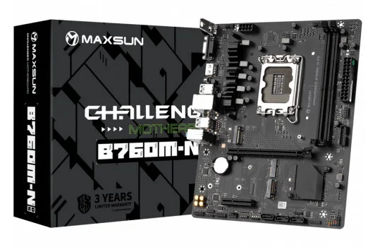 

Материнская плата mATX MAXSUN Challenger B760M-N D5 (LGA1700, B760, 2*DDR5 (6000), 3*SATA 6G RAID, 2*M.2, 2*PCIE, Glan, VGA, HDMI, 4*USB 3.2, 2*USB 2., Challenger B760M-N D5