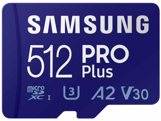 

Карта памяти MicroSDXC 512GB Samsung MB-MD512SA/EU PRO Plus Class 10, A2, V30, UHS-I (U3), W 130 МБ/с, R 180 МБ/с, адаптер на SD, MB-MD512SA/EU