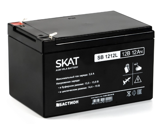 

Аккумулятор Бастион SKAT SB 1212L свинцово-кислотный тип AGM 12V 12Ач Iзар.3,6 А, ножевые клеммы, SKAT SB 1212L