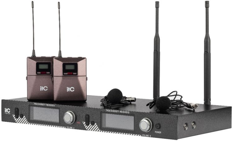 

Радиосистема ITC T-521UL UHF двухканальная радиосистема с двумя петличными микрофонами. LCD дисплей. True Diversity. Частотный диапазон 470-510 MHz., T-521UL