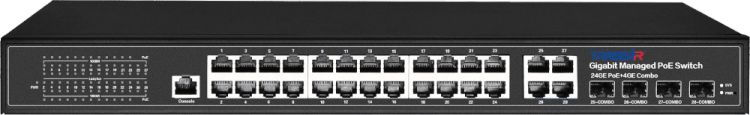 

Коммутатор управляемый TRASSIR TR-NS24284C-400-24PoE с 24 PoE портами (10/100/1000Base-TX PoE port) и 4 COMBO портами, TR-NS24284C-400-24PoE