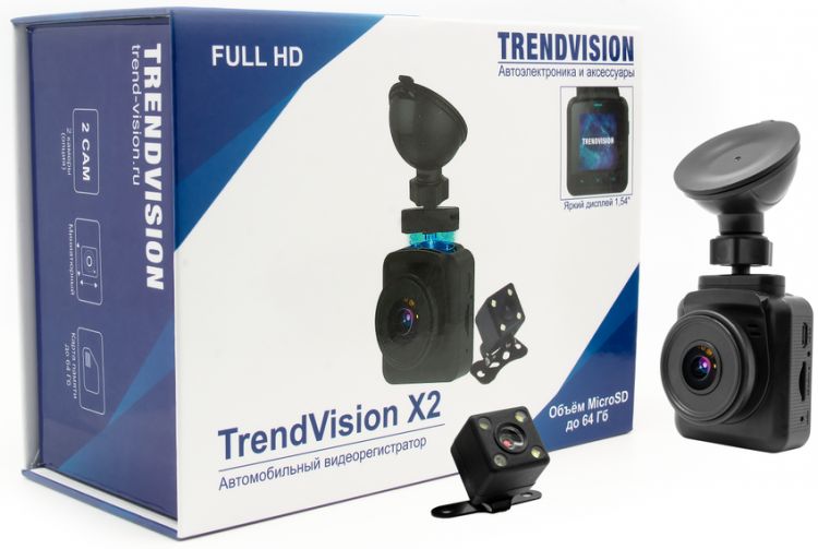 Видеорегистратор TrendVision X2 Dual 1080x1920/170 °, 1280х720/120°, IPS 1.54, microSDXC, microSDHC, microSD, черный