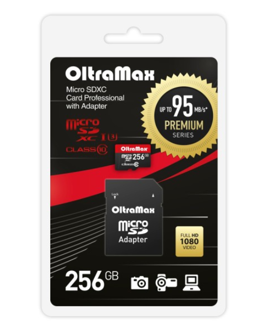 

Карта памяти MicroSDXC 256GB OltraMax OM256GCSDXC10UHS-1-PrU3 Class 10 Premium UHS-I U3 (95 Mb/s) + SD адаптер, OM256GCSDXC10UHS-1-PrU3