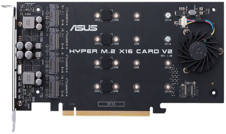 

Адаптер ASUS HYPER M.2 X16 CARD V2 для создания массивов RAID 1/0, до 4 SSD NVMe M.2 (2242, 2260, 2280, 22110), PCIe 3.0 x16, HYPER M.2 X16 CARD V2