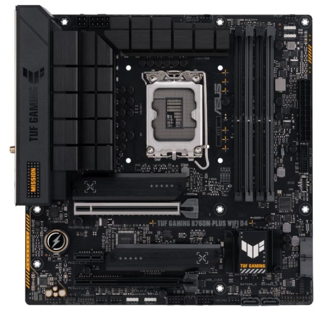 Материнская плата mATX ASUS TUF GAMING B760M-PLUS WIFI D4 (LGA1700, B760, 4*DDR4 (5333), 4*SATA 6G RAID, 2*M.2, 3*PCIE, 2.5Glan, WiFi, BT, HDMI, DP, U