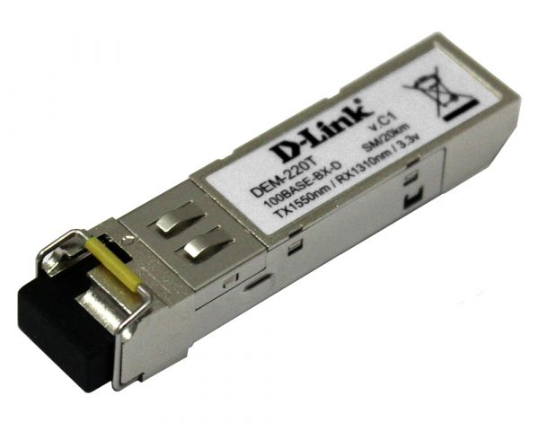Трансивер D-link 220T/20KM/A1A 100Base-BX-U Single-Mode 20KM SFP (TX-1550/RX-1310 nm) 0,15 d link 220r 20km a1a wdm sfp трансивер с 1 портом 100base bx u tx 1310 нм rx 1550 нм для одномодового оптического кабеля до 20 км