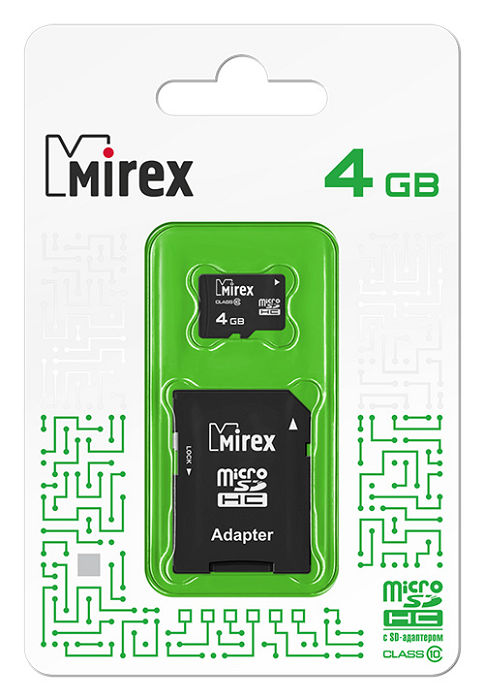 

Карта памяти MicroSDHC 4GB Mirex 13613-AD10SD04 Class 10 (SD адаптер), 13613-AD10SD04