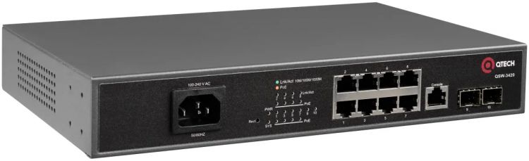 Коммутатор управляемый QTECH QSW-3420-10T-POE-AC L2+ с поддержкой PoE 802.3af/at, 8 портов 10/100/1000BASE-T, 2 порта 1000BASE-X SFP, 4K VLAN, 8K MAC коммутатор h3c ls ie4300 12p ac l2 industrial ethernet switch with 8 10 100 1000base t ports and 4 1000base x sfp ports ac
