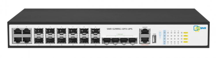 

Коммутатор управляемый SNR SNR-S2995G-12FX-UPS уровня 3, 8 портов 100/1000BaseX SFP, 4 Combo порта GE, 4 порта 1/10G SFP+, функция заряда АКБ 12В, SNR-S2995G-12FX-UPS