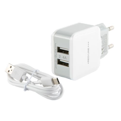 Зарядное устройство сетевое Red Line NC-2.4A УТ000013633 2 USB, 2.4A, + кабель Type-C, белый
