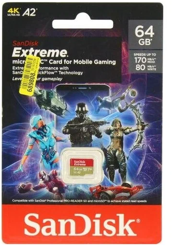 

Карта памяти 64GB SanDisk SDSQXAH-064G-GN6GN Extreme A2 MicroSDXC Class 10 UHS-I U3 170/80MB/s без адаптера, SDSQXAH-064G-GN6GN