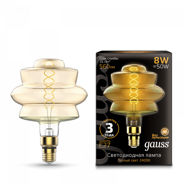 

Лампа светодиодная Gauss 161802008 Led Vintage Filament Flexible BD180 8W 560lm E27 180*250mm Golden 2400K, 161802008