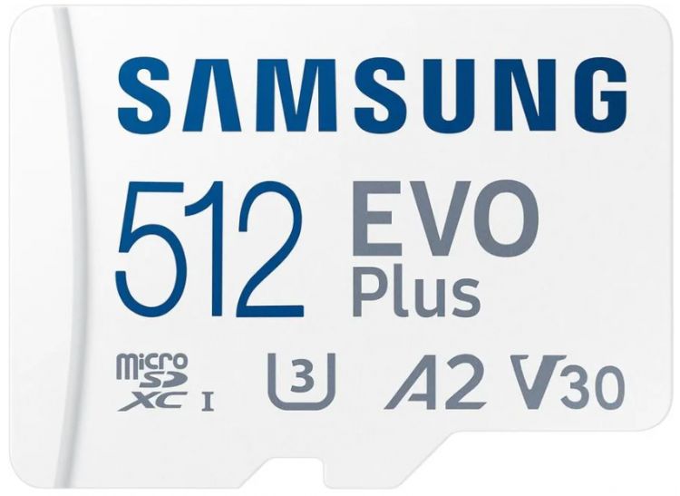 

Карта памяти MicroSDXC 512GB Samsung MB-MC512KA/APC EVO Plus, U3, V30, A2, UHS-I, 130MB/s, adapter, MB-MC512KA/APC