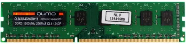 

Модуль памяти DDR3 4GB Qumo QUM3U-4G1600C11 PC3-12800 1600MHz CL11 1.5V, QUM3U-4G1600C11