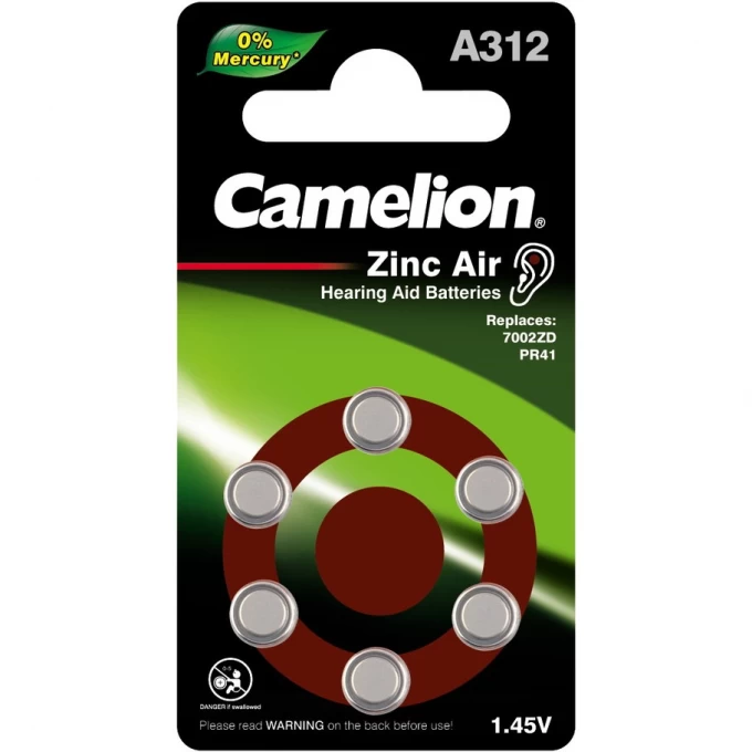 

Батарейка Camelion A312-BP6(0%Hg) Mercury Free PR41, 1,4 В, 160 мА.ч, 6 шт в упаковке (12825), A312-BP6(0%Hg)