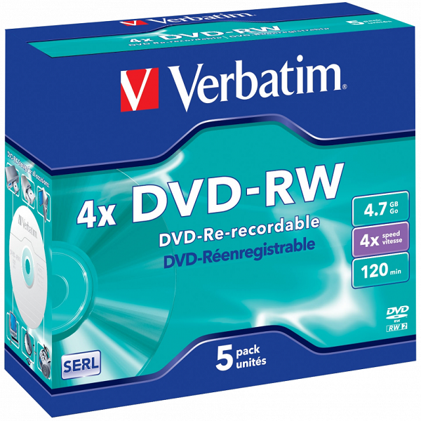 цена Диск DVD-RW Verbatim 43285 4.7ГБ, 4x, 5шт., Jewel Case (43529)