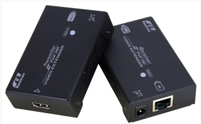 Удлинитель Rextron EVBM-M110 видеосигнала (до 1920x1080), комплект из 2 блоков. Передающий блок: 1 вход HDMI, 1 выход RJ45 LAN-порт (Кат.5e, до 100м).