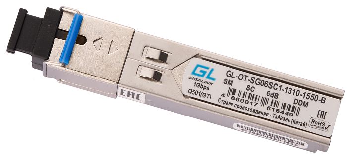 Модуль GIGALINK GL-OT-SG06SC1-1550-1310-B SFP, WDM, 155Mb/1,25Gb/s одно волокно SM, SC, Tx:1550/Rx:1310 нм, 6 дБ до 3 км рефлектометр оптический glk 3500 sm 1310 1550 нм 26 24 дб