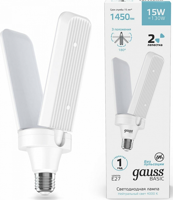 

Лампа Gauss 11732212 Basic 15W 1450lm 4000K E27 Клевер-2 LED, 11732212