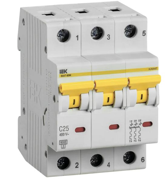 

Автоматический выключатель модульный IEK MVA31-3-025-C 3п C 25А 6кА ВА47-60M, MVA31-3-025-C
