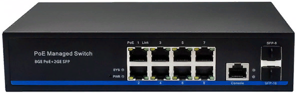 

Коммутатор PoE NST NS-SW-8G2G-PL управляемый L2 Gigabit Ethernet. Порты: 8 x GE (10/100/1000 Base-T) с поддержкой PoE (IEEE 802.3af/at), 2 x GE SFP (1, NS-SW-8G2G-PL