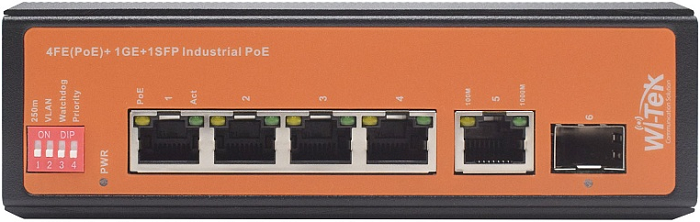 

Коммутатор неуправляемый Wi-Tek WI-PS206GF-I 4 PoE портов 100Base-T IEEE802.3at/af +1000Base-T+1 SFP, Watchdog, VLAN, IP30, питание 48-55V, WI-PS206GF-I