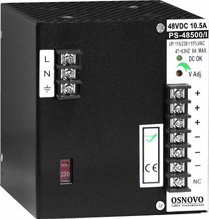 

Блок питания OSNOVO PS-48500/I промышленный. DC48V, 10,5A (500W). Диапазон входных напряжений: AC195-265V. КПД: 85%, PS-48500/I