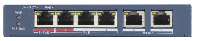 Коммутатор PoE HIKVISION DS-3E0106HP-E 4хRJ45 100M PoE с грозозащитой 6кВ/2хUplink порт 10/100M Ethernet: 802.3af/at/bt/порт поддерживает HiPoE 60Вт,