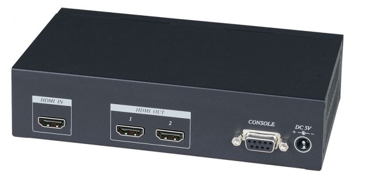 Разветвитель SC&T HD02-4K HDMI сигнала, 1 вход на 2 выхода, стандарт HDMI 1.4a, HDCP, разрешение до 4Kx2K UHD, в комплекте БП 220/5В,2A(DC). Размеры 1